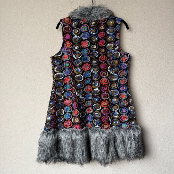 The Collection Royal Whimsical Multicolor Swirl Faux Fur Trim Vest Size S - Picture 2 of 6